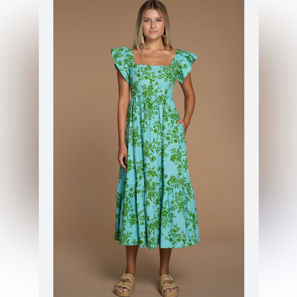 Olivia James Blue Green Floral Cottage Vine Brooke Maxi Dress Size Large